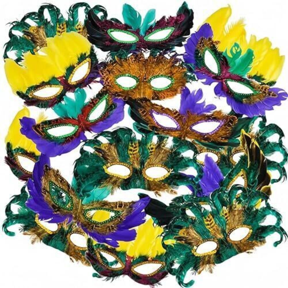 6422 Mardi Gras Masks - Pack of 12 Feather Mardi Gras Decorations ,